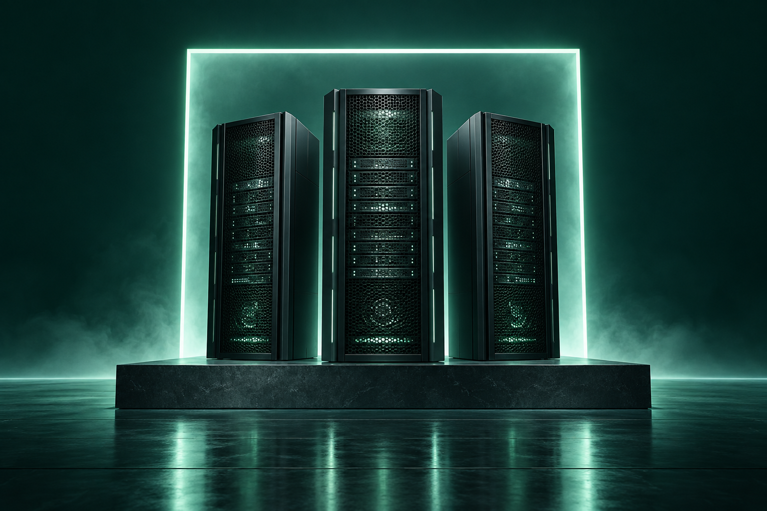 Conceptual AI server infrastructure framed by a luminous gateway